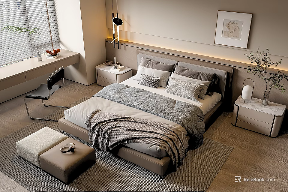 Modern Double Bed With Gray Bedding Nightstands Table Lamp Window Desk And Wall Art 3d model 