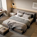 Modern Double Bed With Gray Bedding Nightstands Table Lamp Window Desk And Wall Art