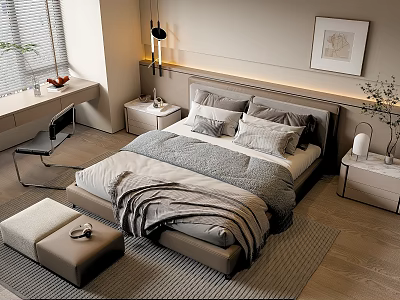 Modern Double Bed With Gray Bedding Nightstands Table Lamp Window Desk And Wall Art 3d model