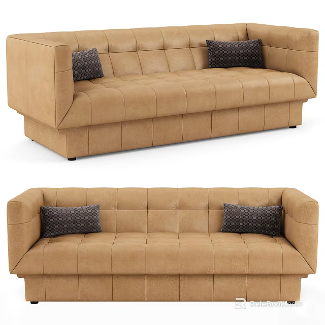 Modern Tan Sectional Sofa With Tufted Design And Two Dark Decorative Pillows 3d model