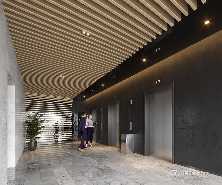 Modern Elevator Lobby With Wooden Slat Ceiling Recessed Lighting Potted Plant And Marble Flooring 3d model 