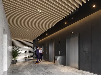 Modern Elevator Lobby With Wooden Slat Ceiling Recessed Lighting Potted Plant And Marble Flooring 3d model