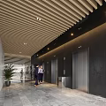 Modern Elevator Lobby With Wooden Slat Ceiling Recessed Lighting Potted Plant And Marble Flooring