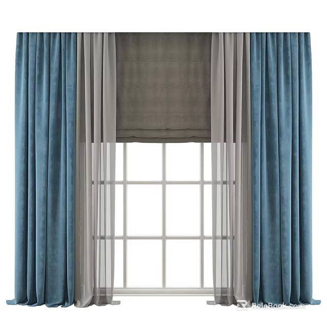 Elegant Blue Curtains With Gray Roman Blind And Sheer Layers For Window Panes 3d model 