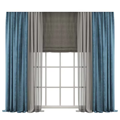 Elegant Blue Curtains With Gray Roman Blind And Sheer Layers For Window Panes 3d model