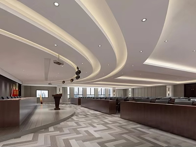 Modern Conference Room Interior With Curved Ceiling Large Table Podium Windows And Lighting 3d model