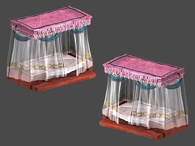 Double Bed With Pink Canopy Blue Trim White Curtains Gold Patterns Wooden Base 3d model
