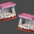 Double Bed With Pink Canopy Blue Trim White Curtains Gold Patterns Wooden Base