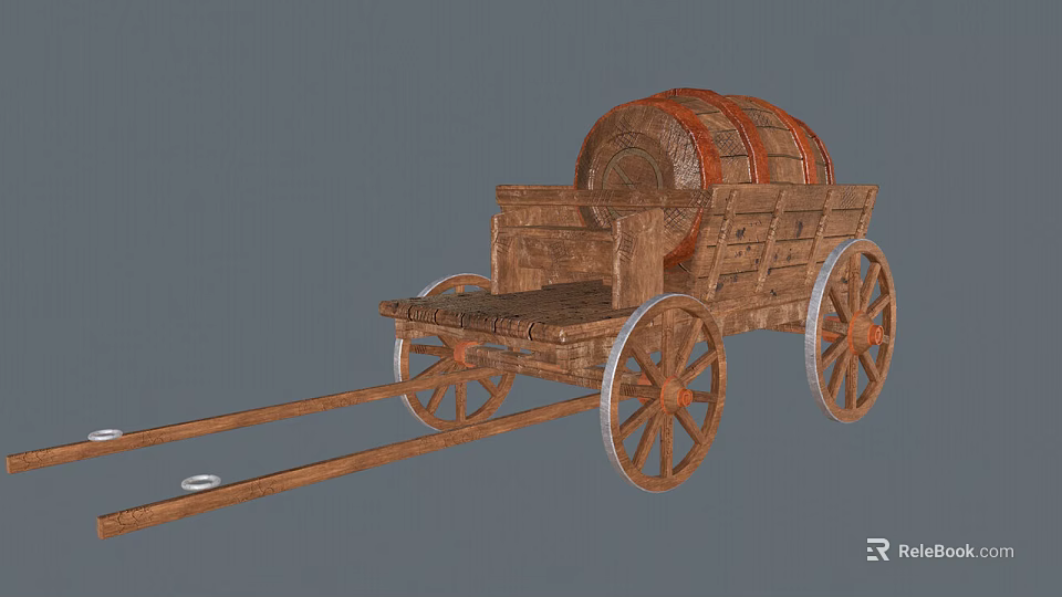 Vintage Wooden Cart With Large Barrel And Spoked Wheels On Gray Background 3d model 