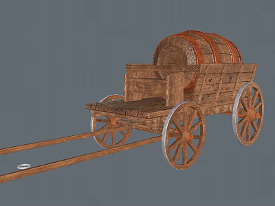 Vintage Wooden Cart With Large Barrel And Spoked Wheels On Gray Background 3d model