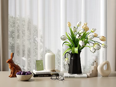 Decorative Ornament Set With Tulip Bouquet Rabbit Figurine Books Glasses And Geometric Decor On Table 3d model
