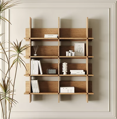 Modern Wooden Open Shelf Bookcase With Books Decorative Items And Plants 3d model