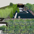 Modern Architectural Building With Curved Roof Pool Walkway And Green Trees
