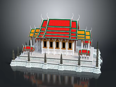 Ornate Traditional Thai Temple Architecture With Red Green Yellow Roof White Walls And Spires 3d model