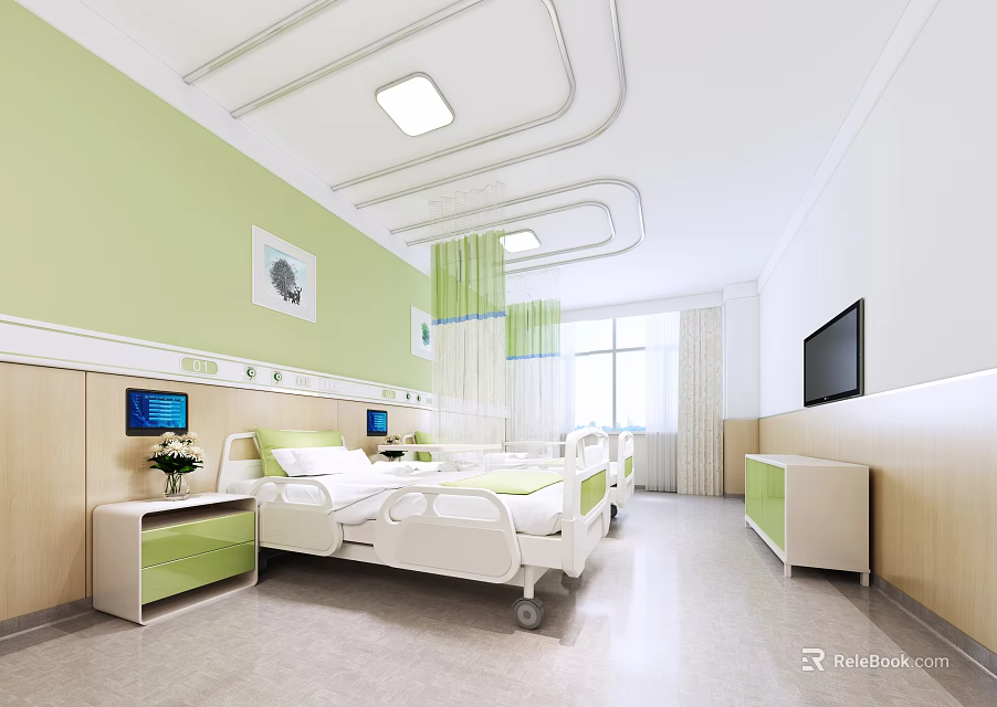 Hospital Outpatient Ward With Beds Green Walls And Medical Facilities 3d model 