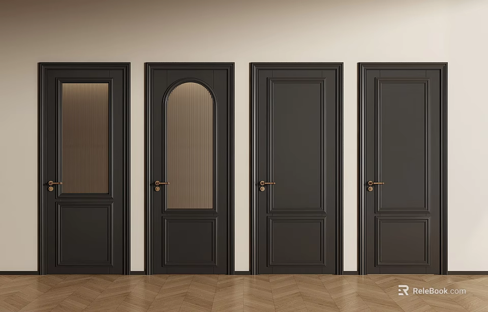 Black Hinged Doors with Glass Panels and Golden Handles for Modern Interior 3d model 