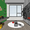 Indoor Sports Equipment Display With Wall Mounted Bicycle Red Black Helmets And Storage Tools