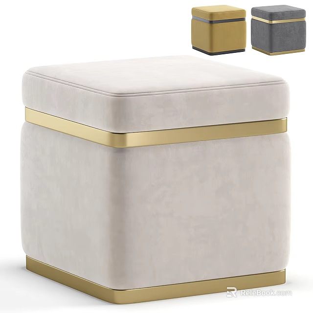 Soft Beige Velvet Ottoman With Gold Metal Trim And Modern Elegant Square Design 3d model 