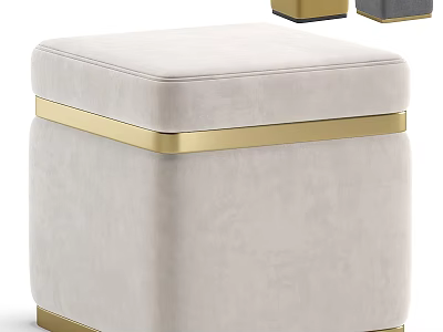 Soft Beige Velvet Ottoman With Gold Metal Trim And Modern Elegant Square Design 3d model