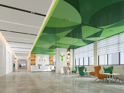 Hospital Outpatient Clinic Modern Interior Design With Green Ceiling And Comfortable Waiting Seats 3d model