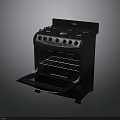Black Gas Stove Oven Appliance With Open Door Multiple Burners And Grill Rack
