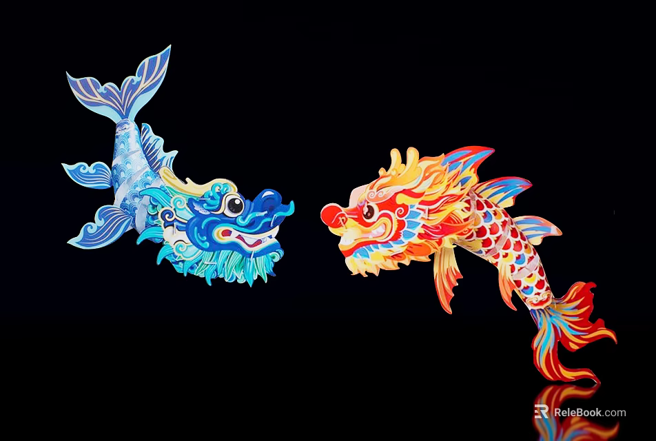 Vibrant Decorative Landscape Sculptures With Blue Dragon And Orange Fish Designs 3d model 