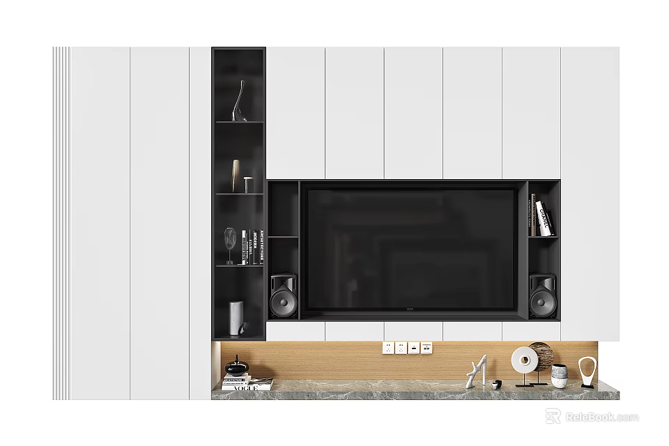 Modern TV Background Cabinet With White Cabinetry Black TV Niche Open Shelves And Wooden Countertop 3d model 