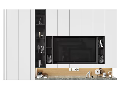 Modern TV Background Cabinet With White Cabinetry Black TV Niche Open Shelves And Wooden Countertop 3d model