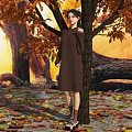 Woman In Brown Sweater With Long Black Hair Standing By Trees And Orange Autumn Leaves