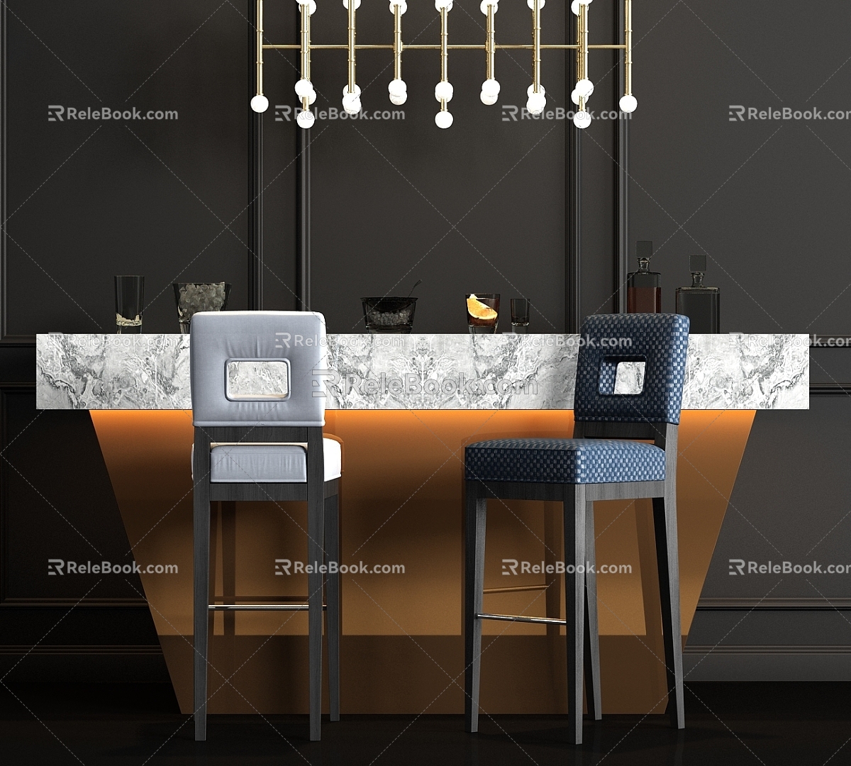 Metal marble bar counter bar chair chandelier wine accessories combination 3d model