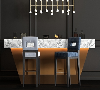 Metal marble bar counter bar chair chandelier wine accessories combination 3d model