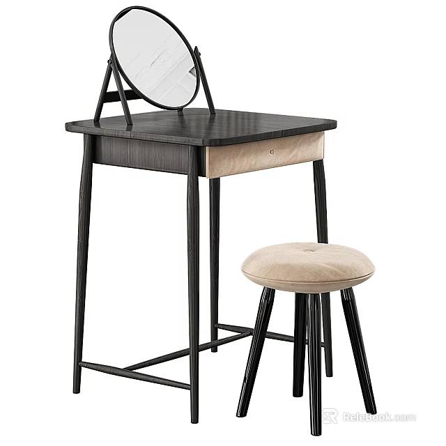 Modern Dressing Table With Black Frame Round Mirror And Beige Upholstered Stool 3d model