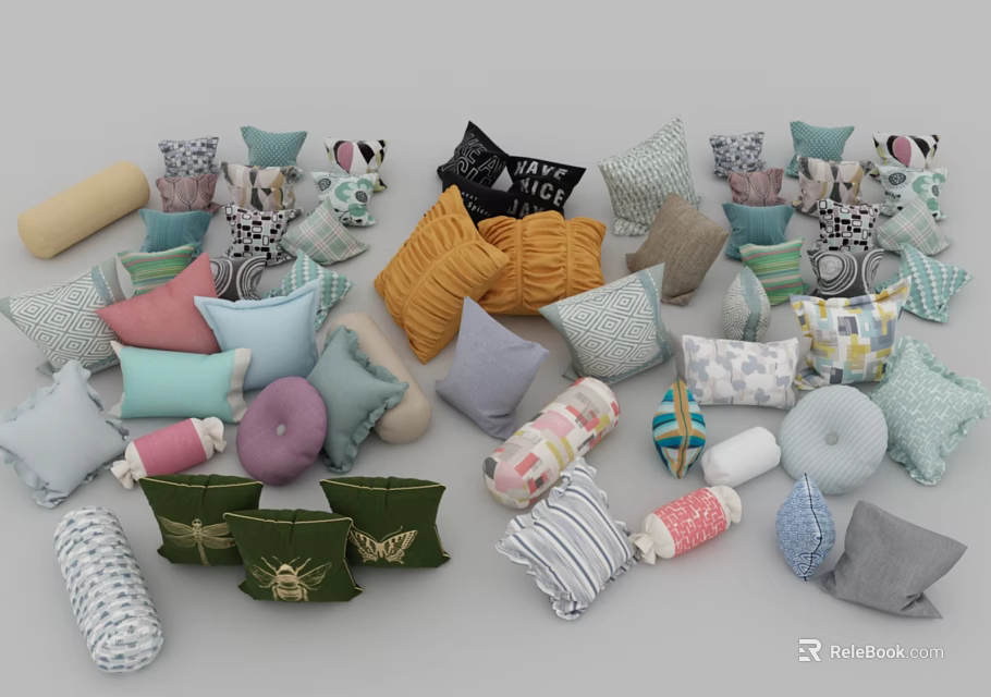 Vibrant Decorative Throw Pillows Featuring Various Patterns Shapes And Colors For Home Decor 3d model