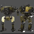Mechanical Robots In Industrial Style With Weathered Yellow Black Color And Mechanical Limbs