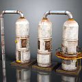 Industrial Storage Tanks With Rusted Pipes Yellow Platforms And Metal Structures