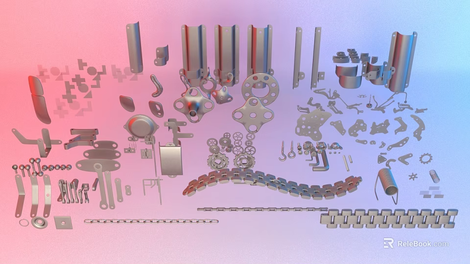 Assorted Mechanical Industrial Components Including Gears Chains Bolts Washers And Tools 3d model 