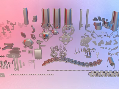 Assorted Mechanical Industrial Components Including Gears Chains Bolts Washers And Tools 3d model