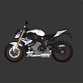 BMW Street Motorcycle White Blue Red Stripes Black Seat Black Tires Red Wheel Dark Background