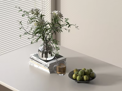 Decorative Accessories Set with Vase Flowers Books Glass Cup and Green Fruits 3d model