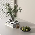 Decorative Accessories Set with Vase Flowers Books Glass Cup and Green Fruits