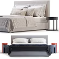 Modern Upholstered Double Bed with Quilted Bedspread Pillows and Side Nightstand 3d model
