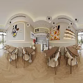 Modern Minimalist Restaurant Interior With Orderly Tables Chairs Pendant Lights Shelves And Wall Art