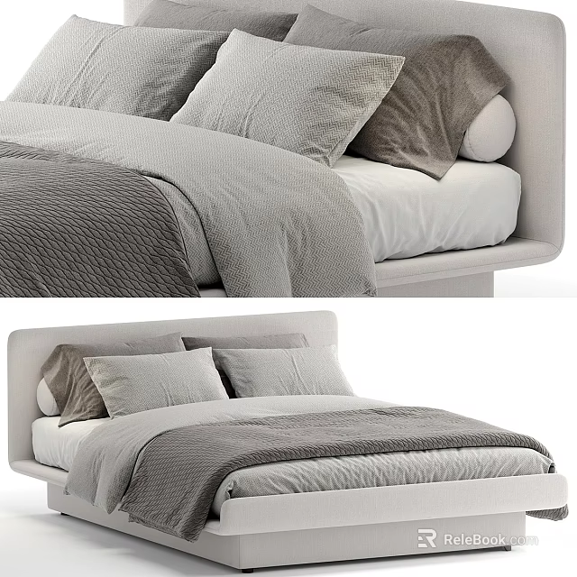 Modern Double Bed With Plush Gray Pillows And Textured White Bedspread 3d model