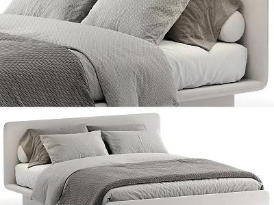 Modern Double Bed With Plush Gray Pillows And Textured White Bedspread 3d model