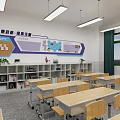School Classroom Interior With Wooden Desks Chairs Large Screen And Inspirational Wall Decor