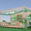 Heineken Beer House Booth With Wooden Structure Green Banners And Beer Bottles
