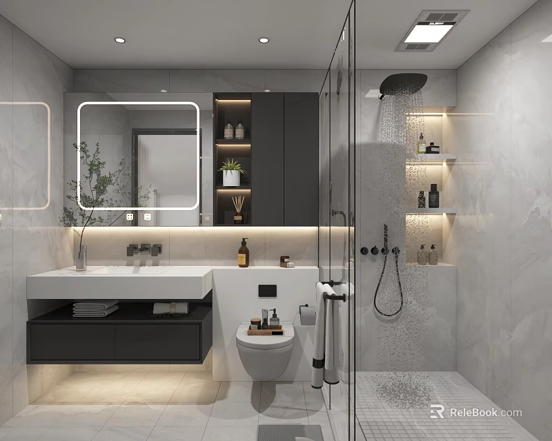 Modern Bathroom Interior with Illuminated Mirror Vanity Sink Toilet Walk in Shower and Cabinets 3d model 
