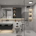 Modern Bathroom Interior with Illuminated Mirror Vanity Sink Toilet Walk in Shower and Cabinets