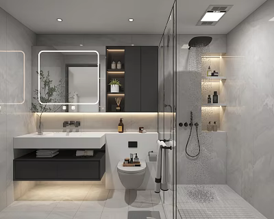Modern Bathroom Interior with Illuminated Mirror Vanity Sink Toilet Walk in Shower and Cabinets 3d model