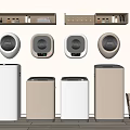 Wall mounted and freestanding washing machines in neutral colors with storage shelves for laundry room